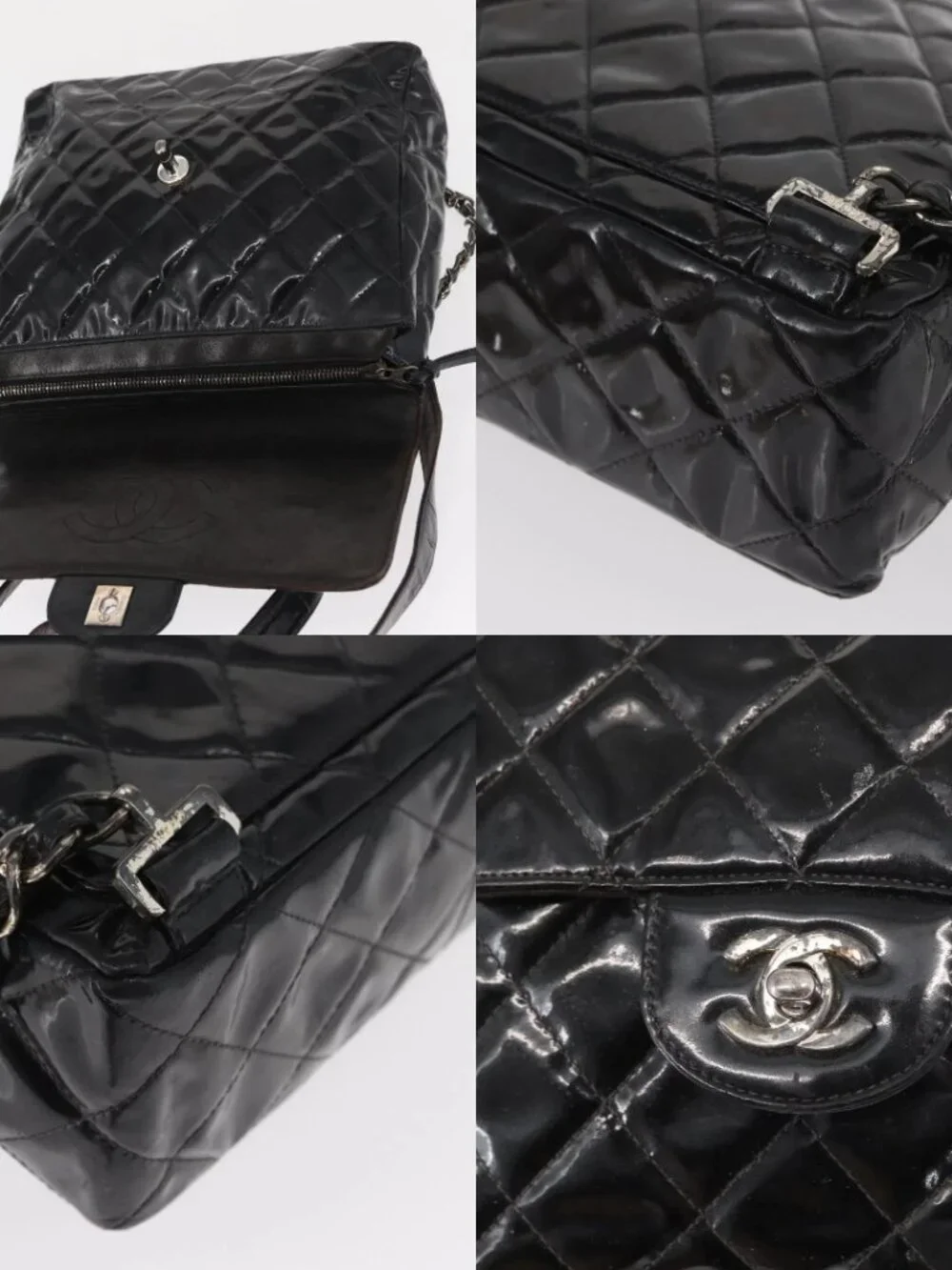 CHANEL Matelasse 25 Chain Backpack Enamel Black Silver CC Auth gh1554
